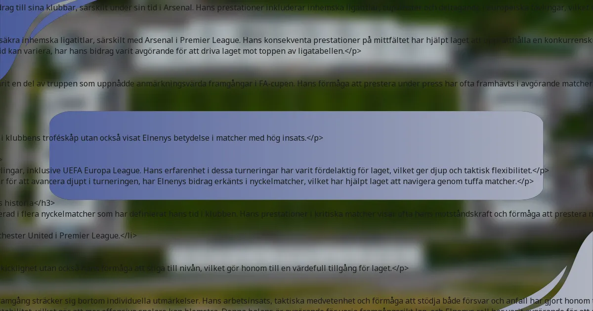 <p>Mohamed Elneny har gjort betydande bidrag till sina klubbar, särskilt under sin tid i Arsenal. Hans prestationer inkluderar inhemska ligatitlar, cupvinster och deltagande i europeiska tävlingar, vilket visar hans påverkan på lagets framgång.</p>

<h3>Vunna inhemska ligatitlar</h3>
<p>Elneny har spelat en avgörande roll i att säkra inhemska ligatitlar, särskilt med Arsenal i Premier League. Hans konsekventa prestationer på mittfältet har hjälpt laget att upprätthålla en konkurrenskraftig form under hela säsongen.</p>
<p>Även om specifika ligatitlar under hans tid kan variera, har hans bidrag varit avgörande för att driva laget mot toppen av ligatabellen.</p>

<h3>Inhemska cupvinster</h3>
<p>I inhemska cupturneringar har Elneny varit en del av truppen som uppnådde anmärkningsvärda framgångar i FA-cupen. Hans förmåga att prestera under press har ofta framhävts i avgörande matcher.</p>
<ul>
    <li>FA-cupvinnare: 2019</li>
    <li>FA-cupvinnare: 2020</li>
</ul>
<p>Dessa segrar har inte bara lagt till silver i klubbens troféskåp utan också visat Elnenys betydelse i matcher med hög insats.</p>

<h3>Framgångar i europeiska tävlingar</h3>
<p>Elneny har deltagit i olika europeiska tävlingar, inklusive UEFA Europa League. Hans erfarenhet i dessa turneringar har varit fördelaktig för laget, vilket ger djup och taktisk flexibilitet.</p>
<p>Även om klubben har stött på utmaningar för att avancera djupt i turneringen, har Elnenys bidrag erkänts i nyckelmatcher, vilket har hjälpt laget att navigera genom tuffa matcher.</p>

<h3>Nyckelmatcher och ögonblick i klubbens historia</h3>
<p>Under sin karriär har Elneny varit involverad i flera nyckelmatcher som har definierat hans tid i klubben. Hans prestationer i kritiska matcher visar ofta hans motståndskraft och förmåga att prestera när det verkligen gäller.</p>
<ul>
    <li>Anmärkningsvärd prestation mot Manchester United i Premier League.</li>
    <li>Avgörande mål i FA-cupfinalen.</li>
</ul>
<p>Dessa ögonblick belyser inte bara hans skicklighet utan också hans förmåga att stiga till nivån, vilket gör honom till en värdefull tillgång för laget.</p>

<h3>Bidrag till lagets framgång</h3>
<p>Elnenys övergripande bidrag till lagets framgång sträcker sig bortom individuella utmärkelser. Hans arbetsinsats, taktiska medvetenhet och förmåga att stödja både försvar och anfall har gjort honom till en nyckelspelare i truppen.</p>
<p>Hans närvaro på mittfältet har ofta gett stabilitet, vilket gör att mer offensiva spelare kan blomstra. Denna balans är avgörande för varje framgångsrikt lag, och Elnenys roll har varit avgörande för att uppnå kollektiva mål.</p>

<h2>Hur har Mohamed Elneny presterat i internationellt spel?